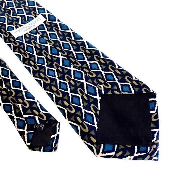 Martin Wong Green Teal Abstract Print Geometric Short Wide Silk Tie - Picture 5 of 6